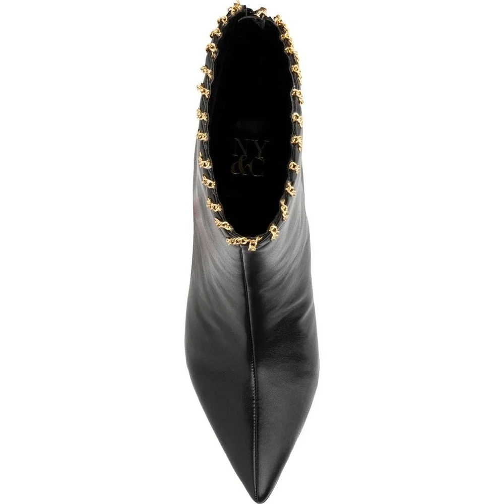 NY Collection Black Pointed Toe‎ Stiletto Heel Ankle Booties Gold Chain Trim 8.5